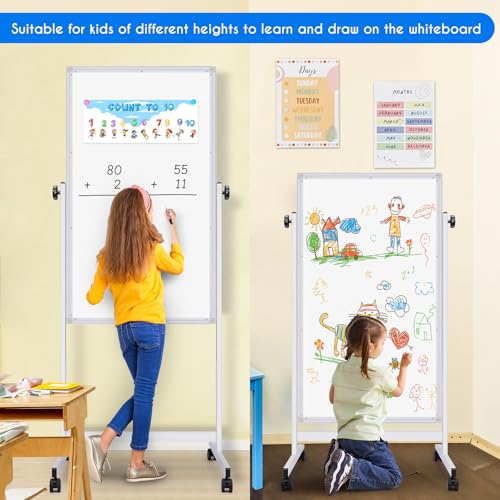 maxtek Rolling White Board, 48 x 24 Height Adjustable Whiteboard on Wheels, Large Magnetic Standing Mobile Easel Board, Do...