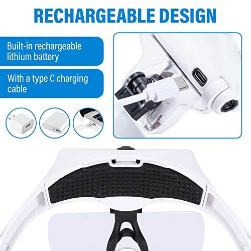 YOCTOSUN Magnifying Glasses with 4 LED Lights, Headband Magnifier with 5 Detachable Lenses 1X, 1.5X, 2X, 2.5X 3.5X -Rechar...