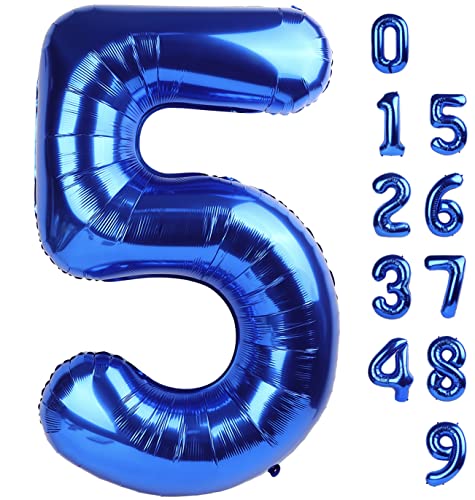 5 Balloon Numbers 40 Inch Blue Birthday Decorations for 5th Boys Girls, Self Inflating Big Navy Number Balloons for 15 25 ...