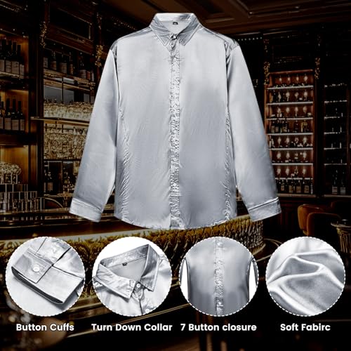 AOTORR Men's Luxury Shiny Silk Like Satin Button Up Dress Shirts Slim Fit Long Sleeve Nightclub Party Disco Prom Shirts