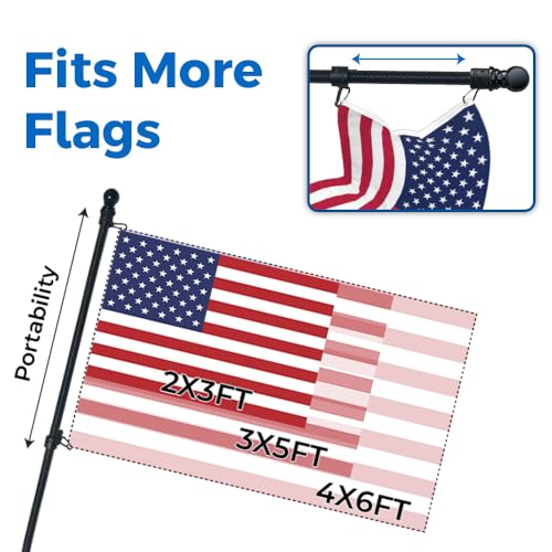 FFN 5’ Foot Premium Tangle-Free Carbon-Fiber Flag Pole for House Porch Patio, 2 Sections Black Flag Poles with Mount, Brac...