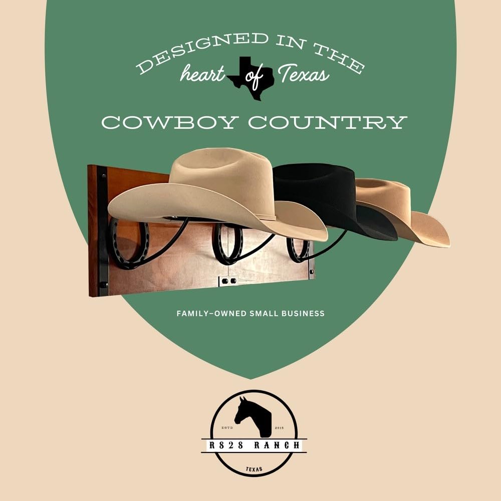 R828 Ranch Cowboy Hat Rack For Wall Mount (34.6” x 10.1” x 13.5”) | Wood Cowboy Hat Holder | Hanging Western Hat Rack w/Metal Accents | Customizable Hat Organizer w/Handmade Horseshoe Mounts