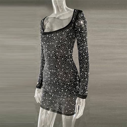 ODIZLI Short Dress for Women Sheer Mesh Long Sleeve Square Neck Rhinestones Semi See-Through Bodycon Mini Party Dresses