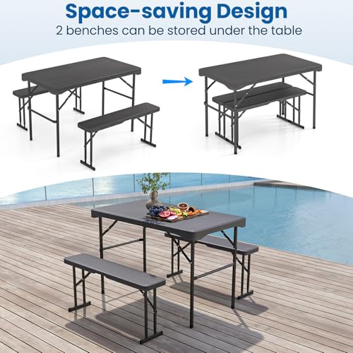 Tangkula Picnic Table with 2 Benches, 3 Piece Folding Picnic Table Set with HDPE Tabletop, Sturdy Metal Frame, 4 Person Pl...