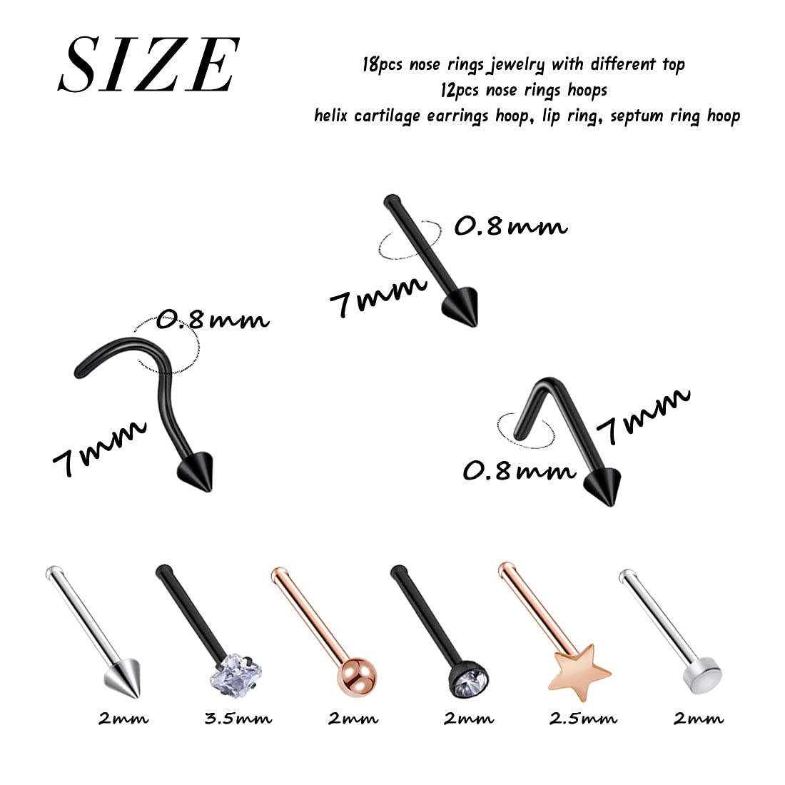 Silver Nose Rings Stud for Women Men 20G Surgical Steel Bone Nose Rings Straight