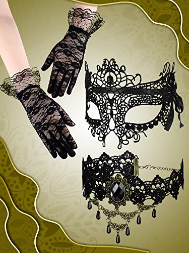 Boao Halloween Masquerade Costume Set for Women, Lace Masquerade Mask Gloves Gothic Choker Necklace Cosplay Accessories