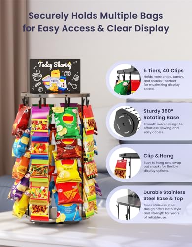 Chip Rack Display Stand with Heavy-Duty 360° Smooth-Rotating Metal Base, 5 Tiers 40 Clips Chip Bag Holder Display, Candy S...