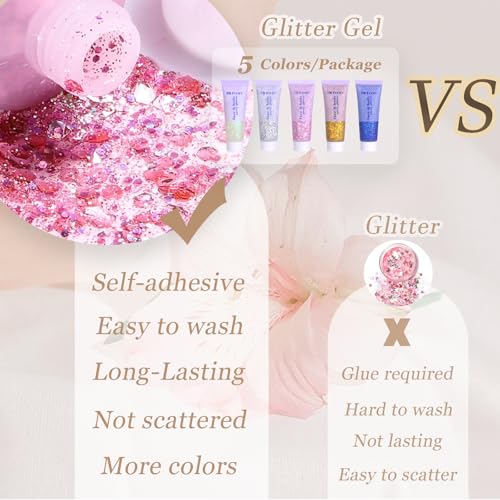 Face Body Glitter, Hair Glitter Sparkles Chunky Face Glitter Gel for Girls Makeup Singer Concerts Mermaid Festival Sequins...