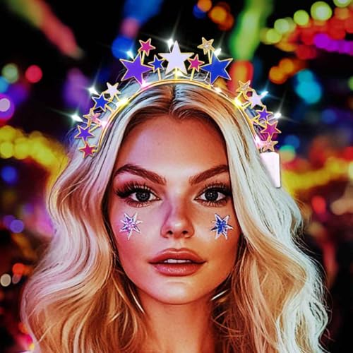 DRESBE Light Up Colorful Star Headband New Year LED Stars Headbands NYE Glow Party Hair Accessories for Women (Gold)