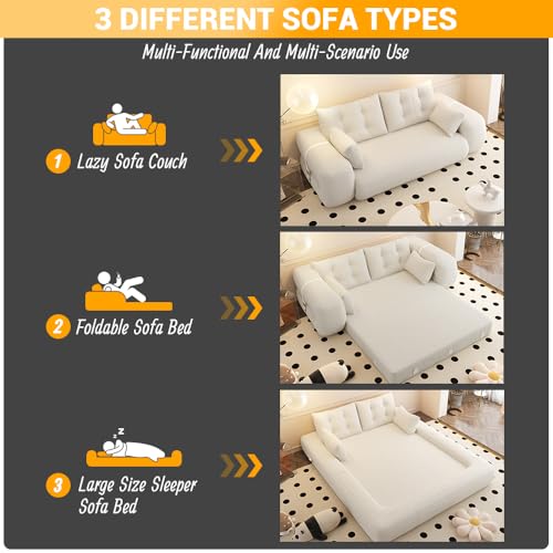 Ball & Cast Multi-Functional Foldable Sofa Bed with High-Density Foam,Teddy Fabric Upholstered Couch W/4 Pillows,Convertible Sleeper Sofas Bed,Living Room Furniture for Bedroom,Apartment,Beige,79"