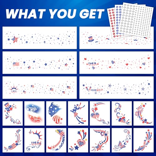 EMOME Labor Day Decorations, Glitter Faux Freckles Face Tattoos with Red White and Blue Face Gems, Patriotic Stickers Wome...