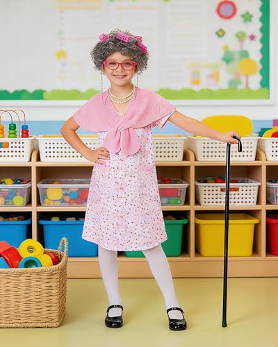 Vivrerizo Old Lady Costume for Kids - Grandma Costume for Girls 100 Days of School Funny Granny Dress Up Party Cosplay