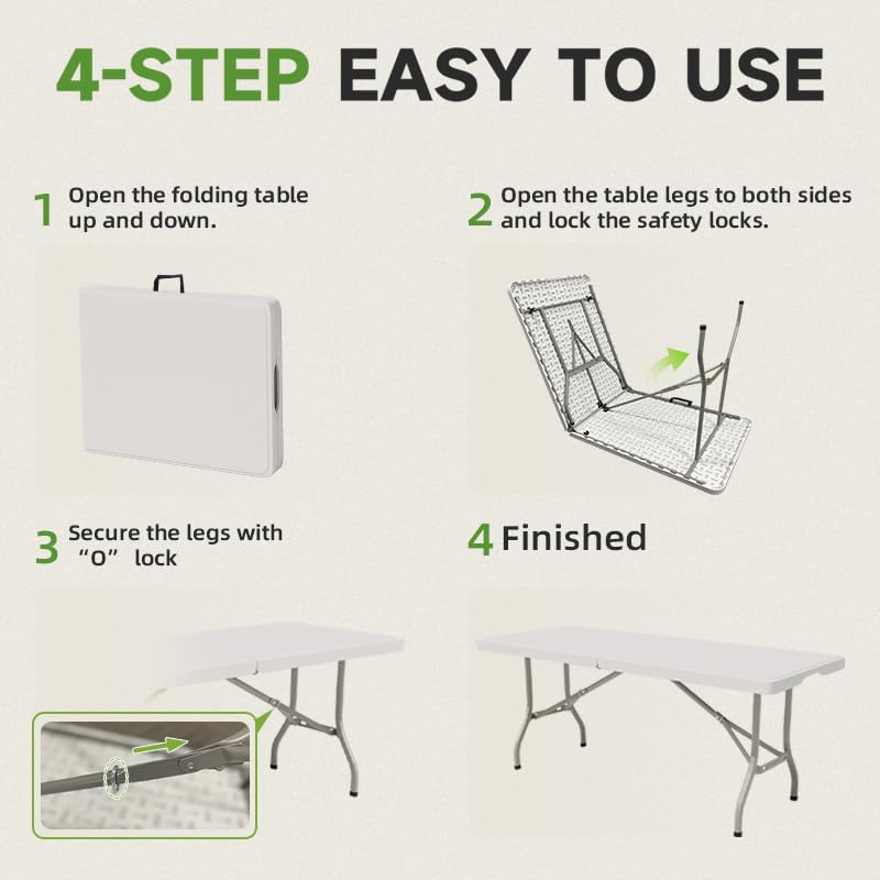 Ortus Collective Folding Table 6 Foot - Heavy Duty 330LBS Capacity, Sturdy & Foldable Design with Safety Lock - Portable T...