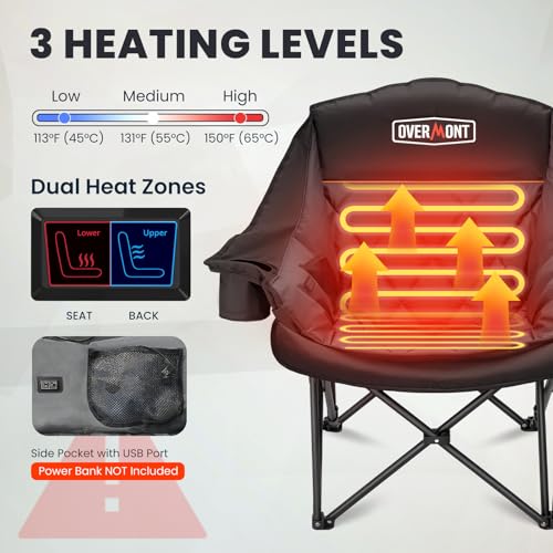 Overmont Heated Oversized Camping Chair for Adults - 3 Heat Levels Seat & Back Separately Control - 400lbs Support Heavy D...