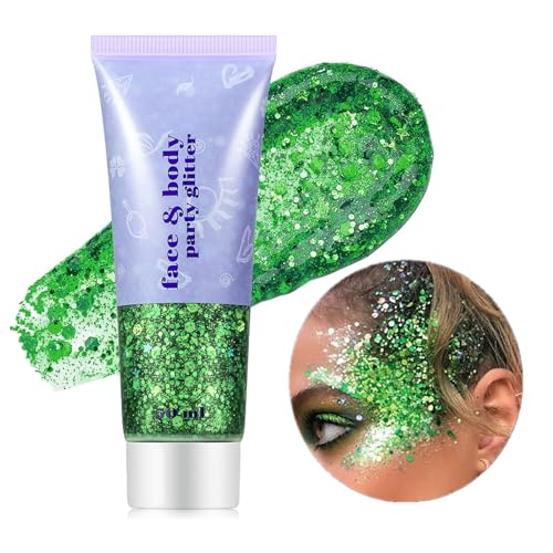 Go Ho Green Face Body Glitter,St Patricks Day Face Glitter Makeup,Green Face Paint Holographic Chunky Sequins Glitters for...