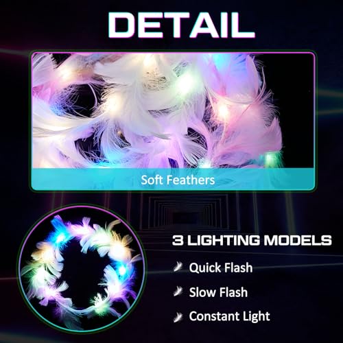 Taiyin 20 Pieces LED Feather Crown Headband Light up Angel Wreath Headband Flower Crowns for Women Wedding Halloween Birth...