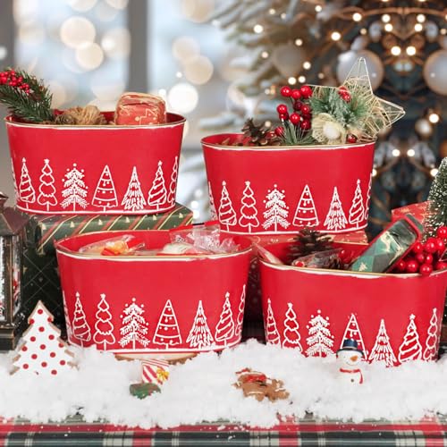 Putuo Decor 4 Packs Christmas Oval Metal Ice Buckets, Christmas Decorations Galvanized Storage Beverage Tubs Tin Bucket Pa...