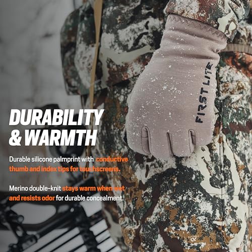 First Lite Rugged Wool Fleece Glove - Heavyweight Merino Wool Hunting Gloves with Silicone Grip and Touchscreen Compatible