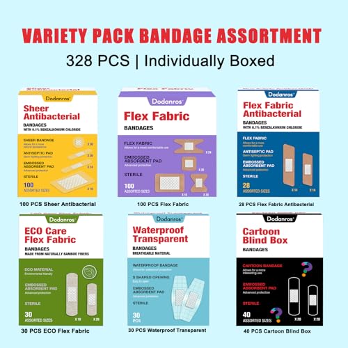 Dodanros Variety Bandages Pack,328ct Assorted Bulk Various Sizes, Shapes &Features | Sheer & Flex Fabric with Benzalkoniu...