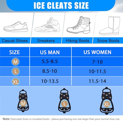 2 Pairs Ice Cleats for Shoes and Boots, Universal Non Slip Hiking Spikes, Micro Shoe Spikes for Snow and Ice, Durable Snow...