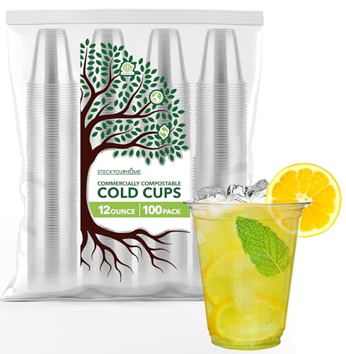 Stock Your Home 12 oz Clear Commercially Compostable Cold Cups (100 Pack), Eco Party Cup, Environmentally Friendly Disposa...
