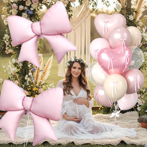 16Pcs Pink Heart Balloons, 38 Inch Bow Balloons, Double Stuffed Pearl Pink Clear Balloon and Bow Heart Shaped Foil Balloon...