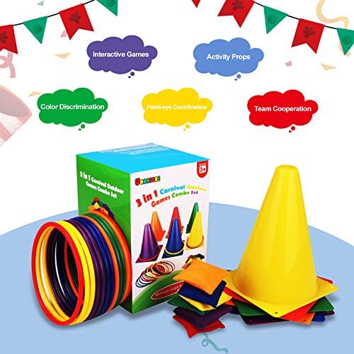 unanscre 31PCS 3 in 1 Carnival Outdoor Games Combo Set for Kids, Soft Plastic Cones Bean Bags Ring Toss Game, Gift for Bir...