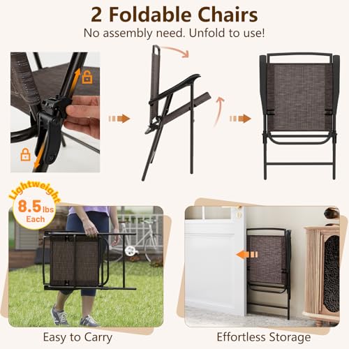 Goplus Patio Bistro Set, 3-Piece Patio Dining Furniture Set with Round Tempered Glass Table, 2 Foldable Chairs, Small Outd...