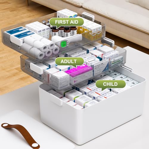 JOYBOS 3-Tier Medicine Storage Box Cabinet, Empty First Aid Kit Portable Medical Supply Organizer with Leather Handle for ...