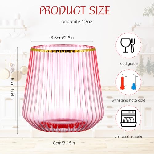 Singhoow 24 Pcs Valentine Pink Plastic Wine Glasses Ribbed Disposable Wine Glasses Unbreakable Stemless Champagne Whiskey ...