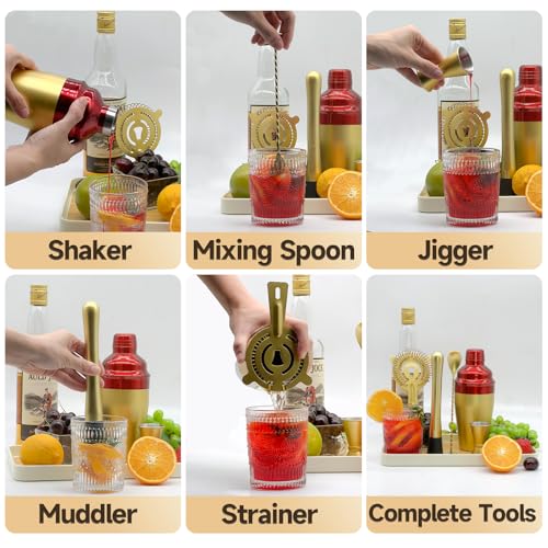 OBALY Bartender Kit 5-Piece Cocktail Shaker-Muddler for Cocktails Boston Shaker-Bar Accessories with Stylish Bamboo Stand ...