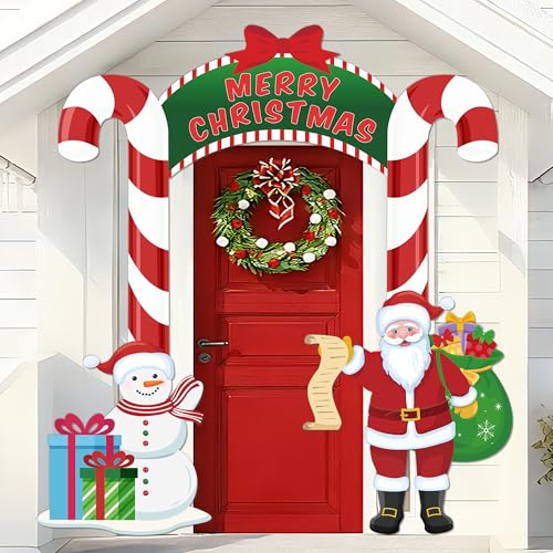 Christmas Door Banner Snowman and Santa Claus Party Porch Banners Merry Hanging Backdrop Candy Cane Photo Booth Props for ...