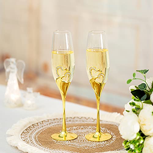 Wedding Champagne Glass Set Gold Toasting Flute Glasses Deluxe Pack of 2 with Rhinestone Rimmed Hearts Decoration for Wedd...