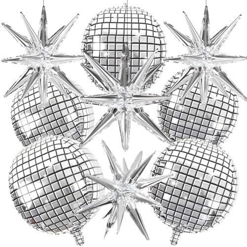 OuMuaMua Disco Ball Balloons for 70s Disco Party Decor, 22 Inch Large 4D Metallic Silver Disco Balloons with Stars Balloon...