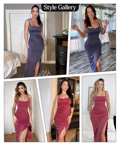 Popilush Shapewear Midi Dress Women's Sparkly Formal Wedding Guest Cocktail Dresses Fall Square Neck Ruched Dress Side Slit