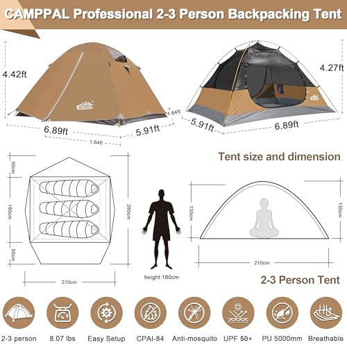2-3 Person Backpacking Tent with Double Door 2 Vestibule, Waterproof Windproof Lightweight Easy Set Up 3 Season 2 Man Two ...