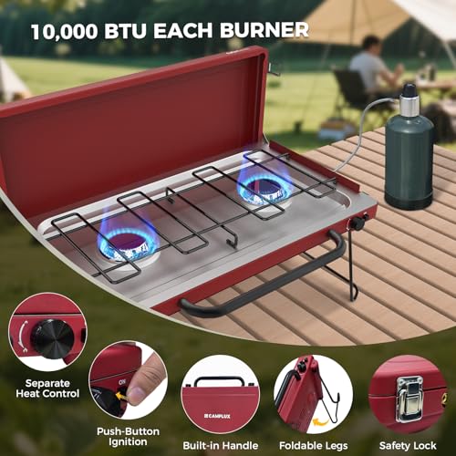 CAMPLUX Safari 2 Burner Propane Camping Stove 20,000 BTU, Portable 2 Burner Propane Camping Grill Stove with Foldable Leg...