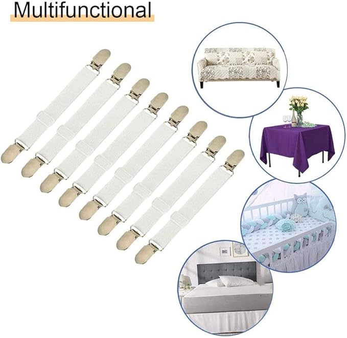 8Pcs Adjustable Bed Sheet Straps Clips, Elastic Mattress Sheet Fasteners Holder and Suspenders, Grippers to Hold Sheet, Mattress, Sofa, Couch, Table Cloth, Recliner Ironing Board Cover and More