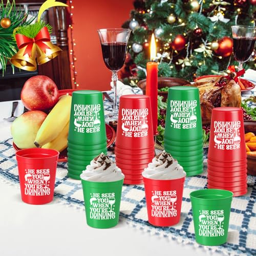 48 Pack Christmas Plastic Cups Bulk 16 oz Red and Green Reusable Stadium Cups He Sees You When You're Drinking Bar Winegla...