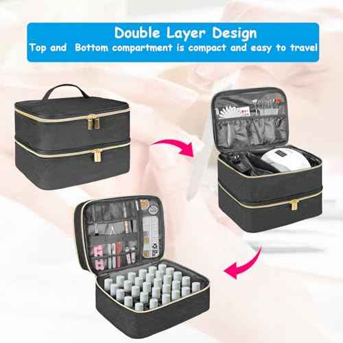 Nail Polish Carrying Case, Double-Layer Nail Polish Storage Bag- Fits Nail Dryer Lamp and 30 Bottles(15ml/0.5 fl.oz), Nail Polish Organizer bag with Adjustable Dividers for Manicure Set (Black)
