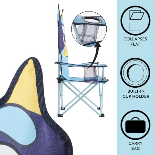 Bluey Kids Folding Camp Chair, Portable Outdoor/Indoor Chair with Carry Bag, Cup Holder, High Back, Lightweight & Durable ...