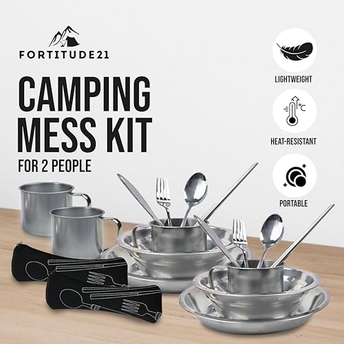 Stainless Steel Camping Mess Kit - Person's Complete Picnic & Camp Dish Set, Includes Plate, Bowl, Cup & Utensils