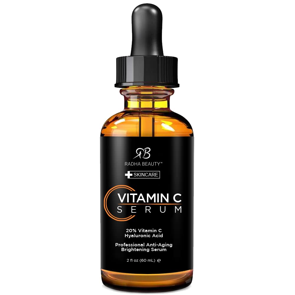Radha Beauty Natural Vitamin C Serum 2oz, Vitamin C, Vitamin E, Hyaluronic Acid and Aloe, Facial Serum for Anti-Aging Wrinkles,