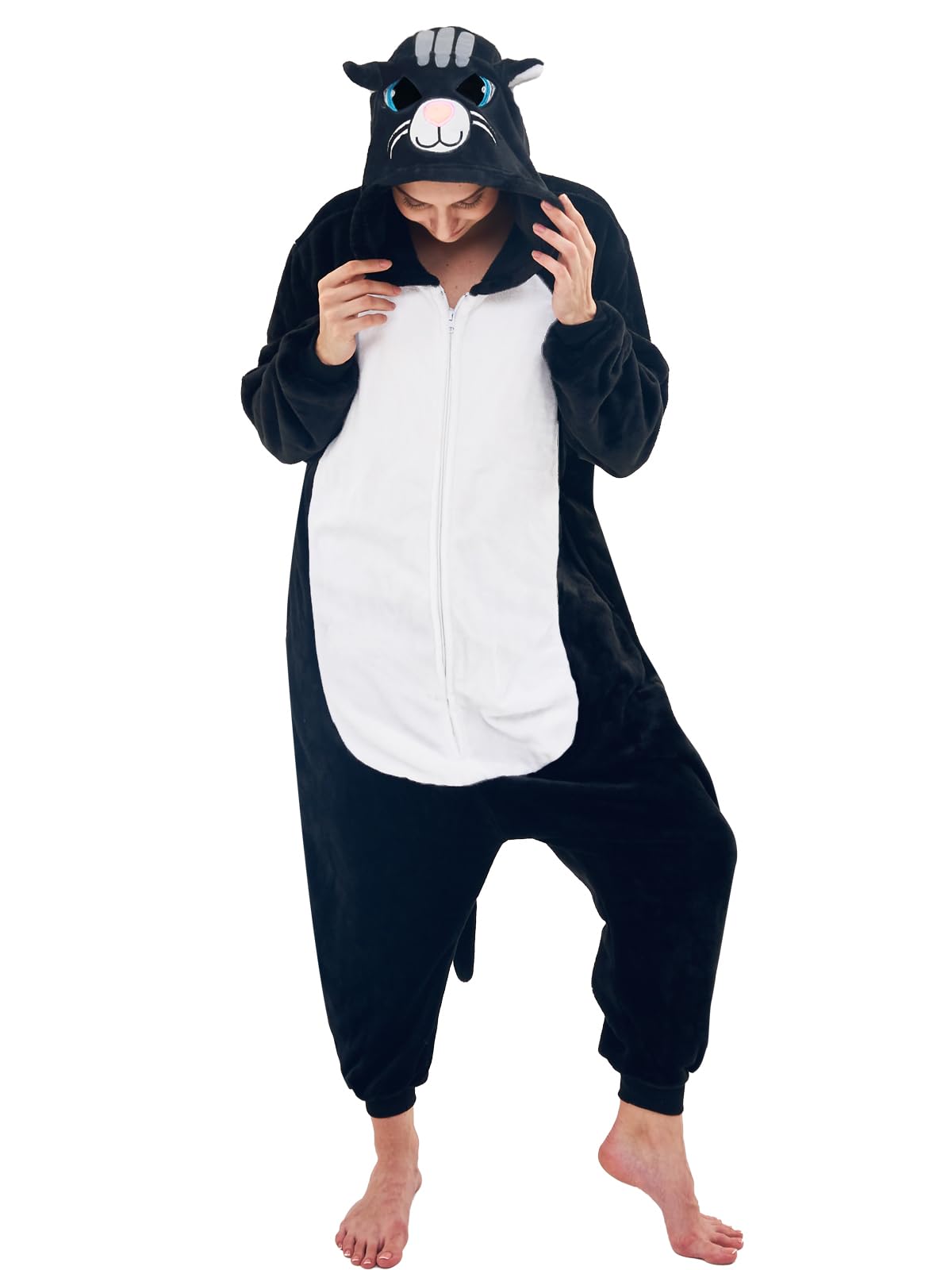 NEWCOSPLAY Unisex Adult Black Cat Onesie Pajamas Animal One Piece Costume Cosplay Sleepwear (Black Cat, Small)