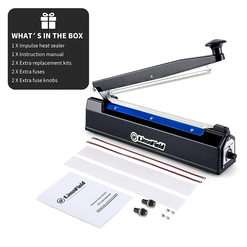 LinsnField Sealer Pro, Patented 16inch Impulse Heat Bag Sealer, 5mm Sealing Width Poly Bag Seal Machine, 2 Replacement Kits 1 Extra Fuse Included, Black