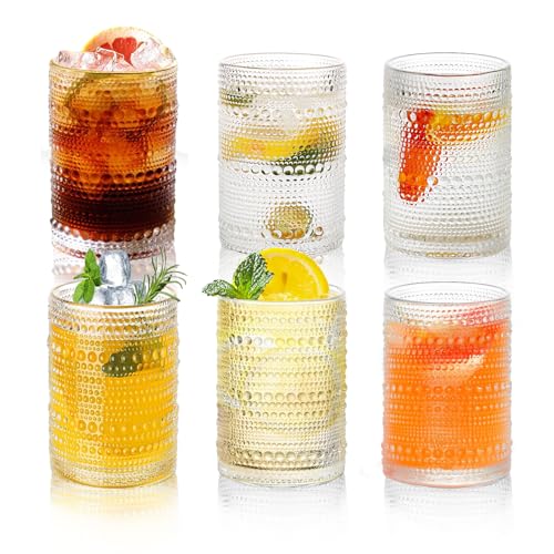 Salpae Hobnail Drinking Glasses Set of 6, 16 Oz Vintage Embossed Glass Cup Kitchen Glassware Water Tumblers for Cocktails,...