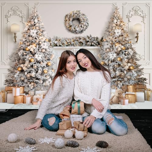 Mocsicka Classic Christmas Interior Room Photography Backdrop White Christmas Fireplace Photo Background Decorated Xmas Tr...