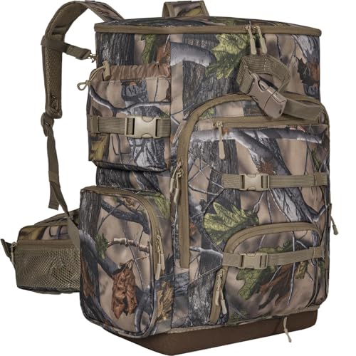 OUUTMEE Hunting Backpack with Waterproof Rain Cover, Self Standing Hard Bottom, 50L Camo Hunting Day Pack for Bow Rifle Gun