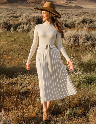 ZESICA Womens 2026 Spring Turtleneck Long Sleeve Sweater Dress Tie Waist Casual Loose Ribbed Knit A Line Midi Dresses
