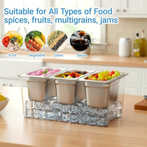 3 Compartments Ice Chilled Condiment Caddy, 30.5 oz Salad Bar Containers Stainless Steel Serving Dish with Lids for Bar, H...